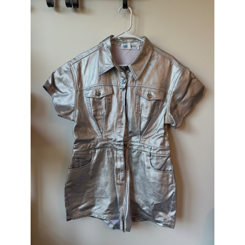 Waterblue Sky Silver Metallic Romper Short Sleeve Button Up Utility Playsuit M